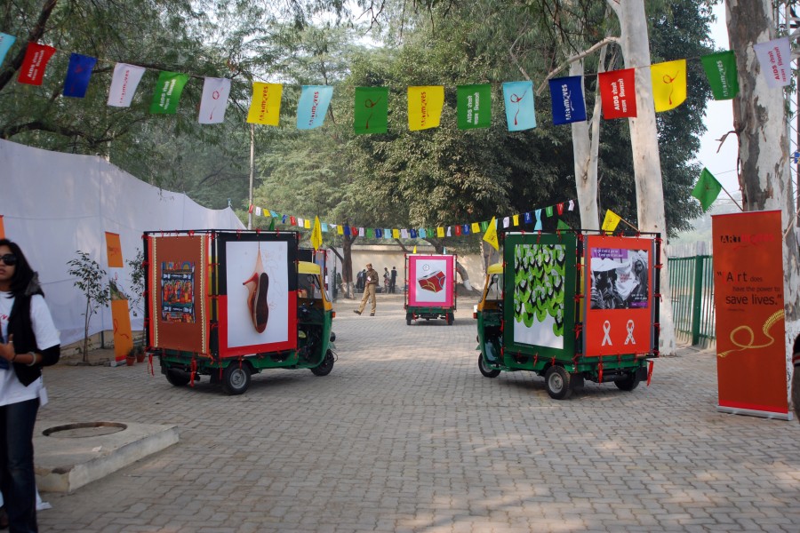 Artwork by AIDS activists displayed on an ArtMoves auto-rickshaw