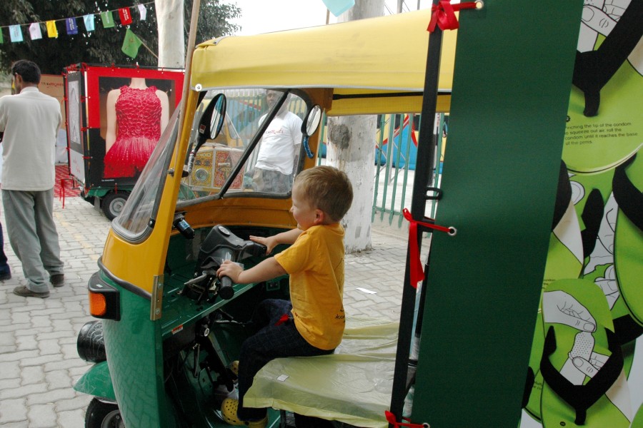 Child inside an ArtMoves auto-rickshaw installation at Delhi Safdarjung Rail Station