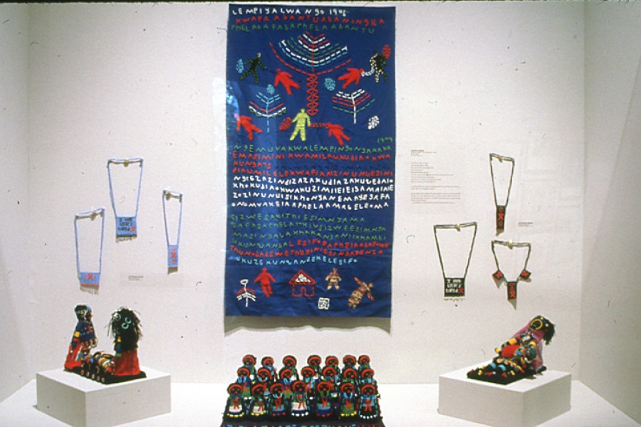 Zulu beadwork, painted panels, and telephone-wire baskets displayed in the exhibition