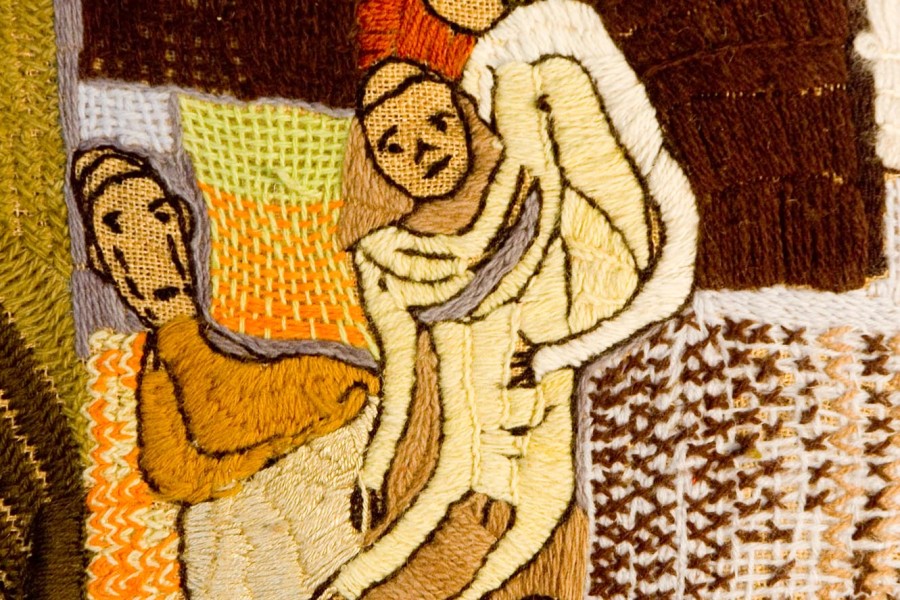 Embroidered predella scene of family members confined to their beds by severe illness