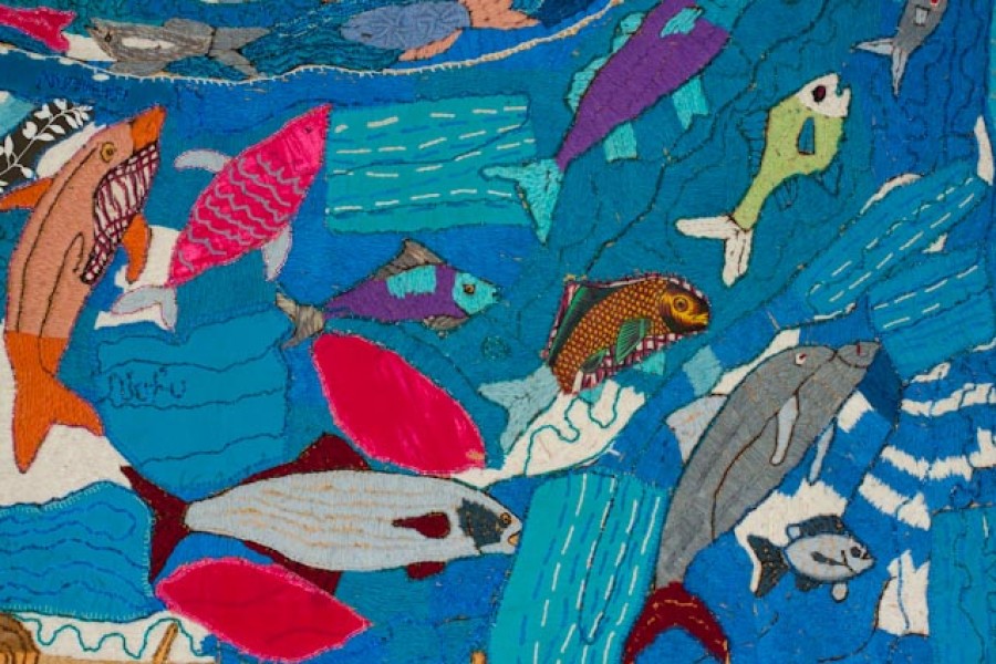 Embroidered flora and fauna in the second layer of the Keiskamma Altarpiece