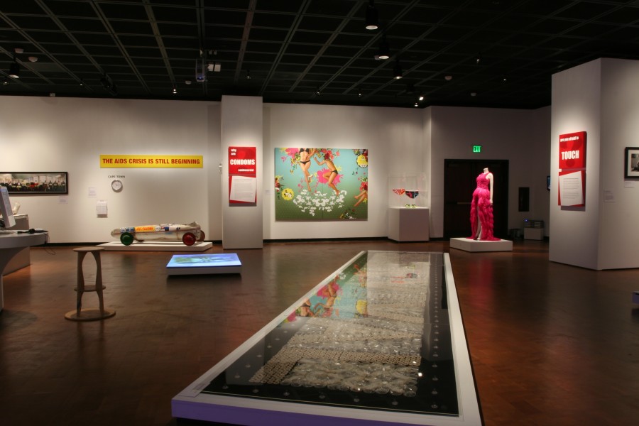 Wide gallery view of *Survival*, *Eva*, and additional works in the “Why Are Condoms Controversial?” section