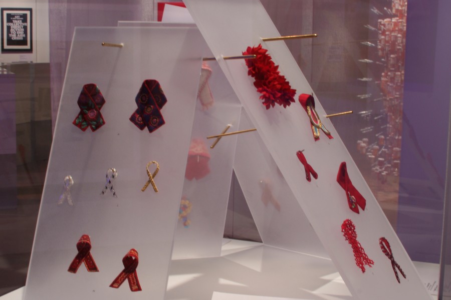 A selection of *Red ribbons* created by artists and community organizations in India and displayed in the exhibition