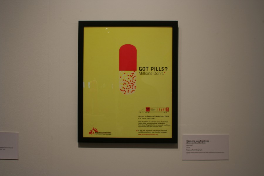 The *Got Pills?* poster by Médecins Sans Frontières (Doctors Without Borders), depicting a pill bottle with pills spilling from it