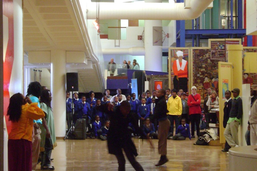 A crowd gathering in the gallery