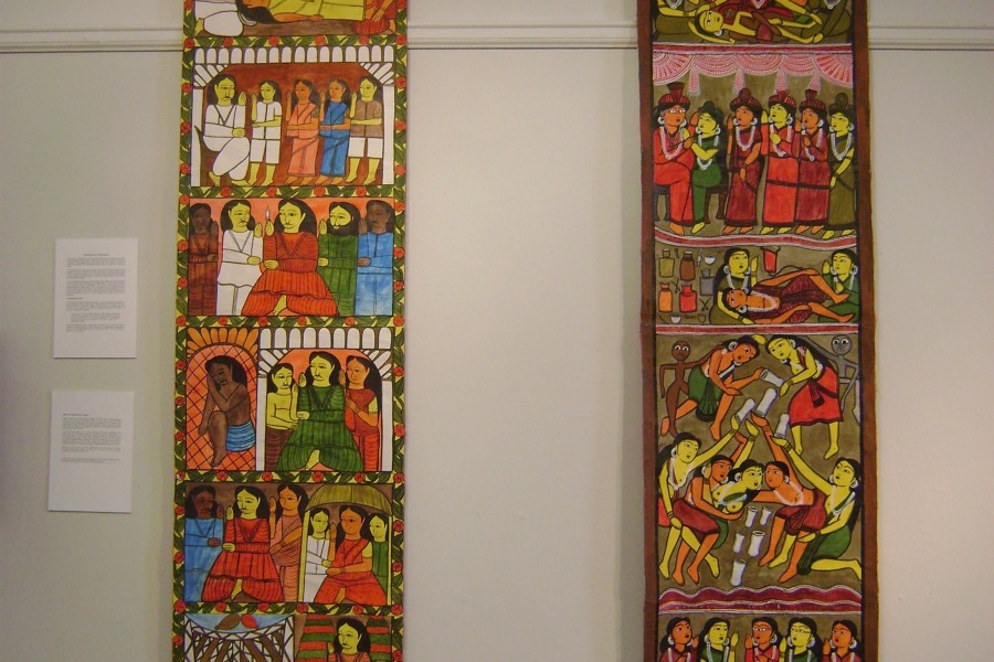 Two Bengali Patua scroll paintings displayed in the gallery