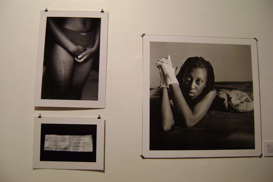 Zanele Muholi’s photographs *Aftermath*, *Case Number*, and *Mpumi Mathabela* displayed together