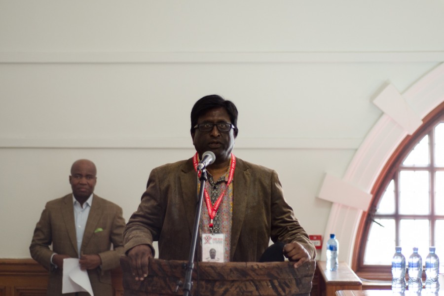 A person speaking during the exhibition opening